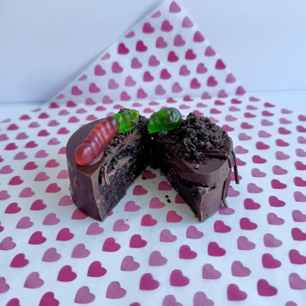 Dirt & Worms - rich chocolate cake layered with crushed cookie dirt