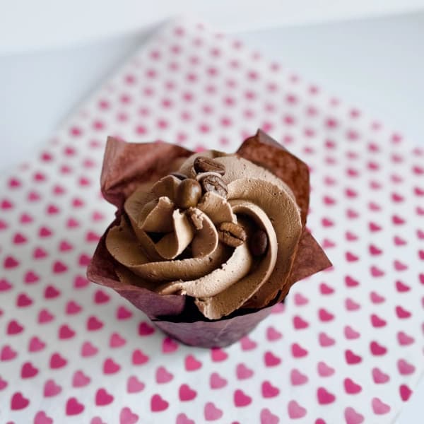 Chocolate Espresso - coffee infused chocolate cupcake filled with caramel, topped with espresso infused frosting