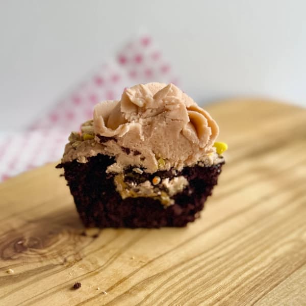 Peanut Butter Lava - rich chocolate cupcake filled with peanut butter and topped with creamy peanut butter frosting