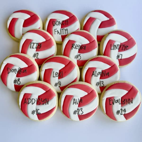Custom themed volleyball sugar cookies with player names